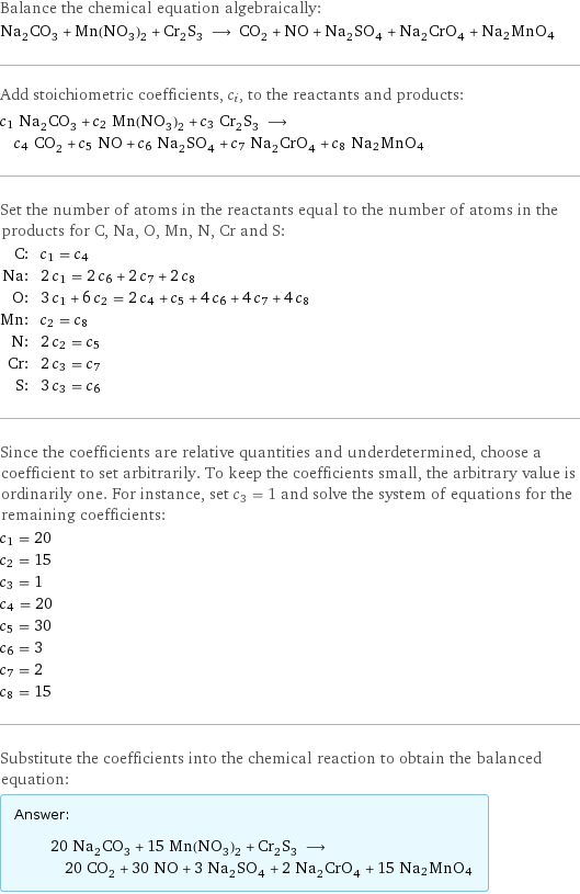 Balance the chemical equation algebraically: Na_2CO_3 + Mn(NO_3)_2 + Cr_2S_3 ⟶ CO_2 + NO + Na_2SO_4 + Na_2CrO_4 + Na2MnO4 Add stoichiometric coefficients, c_i, to the reactants and products: c_1 Na_2CO_3 + c_2 Mn(NO_3)_2 + c_3 Cr_2S_3 ⟶ c_4 CO_2 + c_5 NO + c_6 Na_2SO_4 + c_7 Na_2CrO_4 + c_8 Na2MnO4 Set the number of atoms in the reactants equal to the number of atoms in the products for C, Na, O, Mn, N, Cr and S: C: | c_1 = c_4 Na: | 2 c_1 = 2 c_6 + 2 c_7 + 2 c_8 O: | 3 c_1 + 6 c_2 = 2 c_4 + c_5 + 4 c_6 + 4 c_7 + 4 c_8 Mn: | c_2 = c_8 N: | 2 c_2 = c_5 Cr: | 2 c_3 = c_7 S: | 3 c_3 = c_6 Since the coefficients are relative quantities and underdetermined, choose a coefficient to set arbitrarily. To keep the coefficients small, the arbitrary value is ordinarily one. For instance, set c_3 = 1 and solve the system of equations for the remaining coefficients: c_1 = 20 c_2 = 15 c_3 = 1 c_4 = 20 c_5 = 30 c_6 = 3 c_7 = 2 c_8 = 15 Substitute the coefficients into the chemical reaction to obtain the balanced equation: Answer: |   | 20 Na_2CO_3 + 15 Mn(NO_3)_2 + Cr_2S_3 ⟶ 20 CO_2 + 30 NO + 3 Na_2SO_4 + 2 Na_2CrO_4 + 15 Na2MnO4