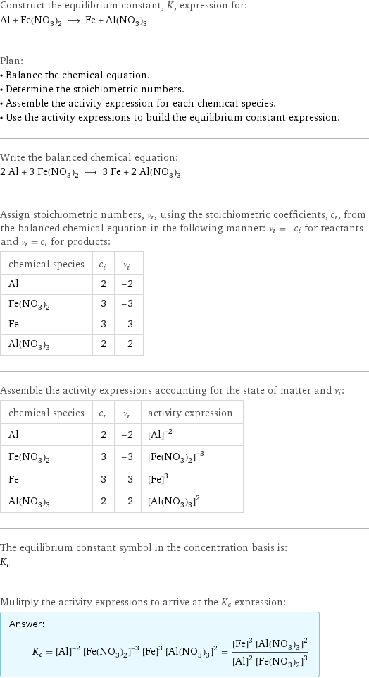 Construct the equilibrium constant, K, expression for: Al + Fe(NO_3)_2 ⟶ Fe + Al(NO_3)_3 Plan: • Balance the chemical equation. • Determine the stoichiometric numbers. • Assemble the activity expression for each chemical species. • Use the activity expressions to build the equilibrium constant expression. Write the balanced chemical equation: 2 Al + 3 Fe(NO_3)_2 ⟶ 3 Fe + 2 Al(NO_3)_3 Assign stoichiometric numbers, ν_i, using the stoichiometric coefficients, c_i, from the balanced chemical equation in the following manner: ν_i = -c_i for reactants and ν_i = c_i for products: chemical species | c_i | ν_i Al | 2 | -2 Fe(NO_3)_2 | 3 | -3 Fe | 3 | 3 Al(NO_3)_3 | 2 | 2 Assemble the activity expressions accounting for the state of matter and ν_i: chemical species | c_i | ν_i | activity expression Al | 2 | -2 | ([Al])^(-2) Fe(NO_3)_2 | 3 | -3 | ([Fe(NO3)2])^(-3) Fe | 3 | 3 | ([Fe])^3 Al(NO_3)_3 | 2 | 2 | ([Al(NO3)3])^2 The equilibrium constant symbol in the concentration basis is: K_c Mulitply the activity expressions to arrive at the K_c expression: Answer: |   | K_c = ([Al])^(-2) ([Fe(NO3)2])^(-3) ([Fe])^3 ([Al(NO3)3])^2 = (([Fe])^3 ([Al(NO3)3])^2)/(([Al])^2 ([Fe(NO3)2])^3)