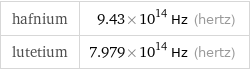 hafnium | 9.43×10^14 Hz (hertz) lutetium | 7.979×10^14 Hz (hertz)