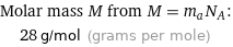 Molar mass M from M = m_aN_A:  | 28 g/mol (grams per mole)