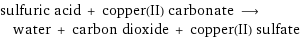 sulfuric acid + copper(II) carbonate ⟶ water + carbon dioxide + copper(II) sulfate