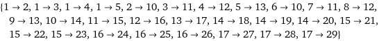 {1->2, 1->3, 1->4, 1->5, 2->10, 3->11, 4->12, 5->13, 6->10, 7->11, 8->12, 9->13, 10->14, 11->15, 12->16, 13->17, 14->18, 14->19, 14->20, 15->21, 15->22, 15->23, 16->24, 16->25, 16->26, 17->27, 17->28, 17->29}