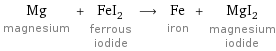 Mg magnesium + FeI_2 ferrous iodide ⟶ Fe iron + MgI_2 magnesium iodide