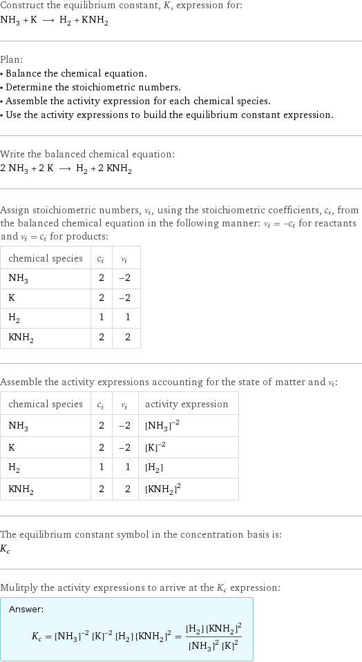 Construct the equilibrium constant, K, expression for: NH_3 + K ⟶ H_2 + KNH_2 Plan: • Balance the chemical equation. • Determine the stoichiometric numbers. • Assemble the activity expression for each chemical species. • Use the activity expressions to build the equilibrium constant expression. Write the balanced chemical equation: 2 NH_3 + 2 K ⟶ H_2 + 2 KNH_2 Assign stoichiometric numbers, ν_i, using the stoichiometric coefficients, c_i, from the balanced chemical equation in the following manner: ν_i = -c_i for reactants and ν_i = c_i for products: chemical species | c_i | ν_i NH_3 | 2 | -2 K | 2 | -2 H_2 | 1 | 1 KNH_2 | 2 | 2 Assemble the activity expressions accounting for the state of matter and ν_i: chemical species | c_i | ν_i | activity expression NH_3 | 2 | -2 | ([NH3])^(-2) K | 2 | -2 | ([K])^(-2) H_2 | 1 | 1 | [H2] KNH_2 | 2 | 2 | ([KNH2])^2 The equilibrium constant symbol in the concentration basis is: K_c Mulitply the activity expressions to arrive at the K_c expression: Answer: |   | K_c = ([NH3])^(-2) ([K])^(-2) [H2] ([KNH2])^2 = ([H2] ([KNH2])^2)/(([NH3])^2 ([K])^2)