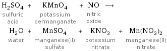 H_2SO_4 sulfuric acid + KMnO_4 potassium permanganate + NO nitric oxide ⟶ H_2O water + MnSO_4 manganese(II) sulfate + KNO_3 potassium nitrate + Mn(NO_3)_2 manganese(II) nitrate