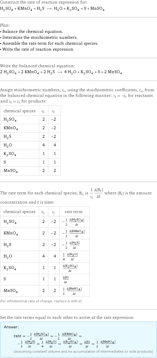 Construct the rate of reaction expression for: H_2SO_4 + KMnO_4 + H_2S ⟶ H_2O + K_2SO_4 + S + MnSO_4 Plan: • Balance the chemical equation. • Determine the stoichiometric numbers. • Assemble the rate term for each chemical species. • Write the rate of reaction expression. Write the balanced chemical equation: 2 H_2SO_4 + 2 KMnO_4 + 2 H_2S ⟶ 4 H_2O + K_2SO_4 + S + 2 MnSO_4 Assign stoichiometric numbers, ν_i, using the stoichiometric coefficients, c_i, from the balanced chemical equation in the following manner: ν_i = -c_i for reactants and ν_i = c_i for products: chemical species | c_i | ν_i H_2SO_4 | 2 | -2 KMnO_4 | 2 | -2 H_2S | 2 | -2 H_2O | 4 | 4 K_2SO_4 | 1 | 1 S | 1 | 1 MnSO_4 | 2 | 2 The rate term for each chemical species, B_i, is 1/ν_i(Δ[B_i])/(Δt) where [B_i] is the amount concentration and t is time: chemical species | c_i | ν_i | rate term H_2SO_4 | 2 | -2 | -1/2 (Δ[H2SO4])/(Δt) KMnO_4 | 2 | -2 | -1/2 (Δ[KMnO4])/(Δt) H_2S | 2 | -2 | -1/2 (Δ[H2S])/(Δt) H_2O | 4 | 4 | 1/4 (Δ[H2O])/(Δt) K_2SO_4 | 1 | 1 | (Δ[K2SO4])/(Δt) S | 1 | 1 | (Δ[S])/(Δt) MnSO_4 | 2 | 2 | 1/2 (Δ[MnSO4])/(Δt) (for infinitesimal rate of change, replace Δ with d) Set the rate terms equal to each other to arrive at the rate expression: Answer: |   | rate = -1/2 (Δ[H2SO4])/(Δt) = -1/2 (Δ[KMnO4])/(Δt) = -1/2 (Δ[H2S])/(Δt) = 1/4 (Δ[H2O])/(Δt) = (Δ[K2SO4])/(Δt) = (Δ[S])/(Δt) = 1/2 (Δ[MnSO4])/(Δt) (assuming constant volume and no accumulation of intermediates or side products)