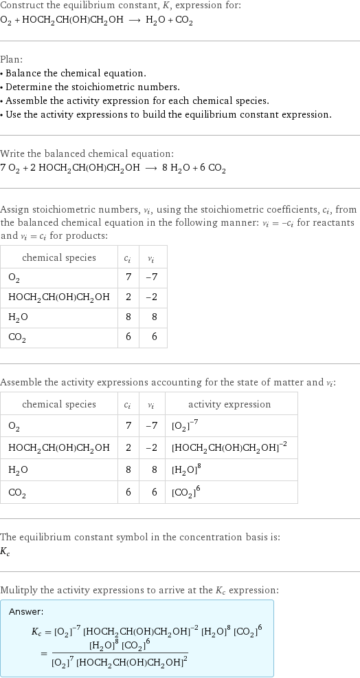 Construct the equilibrium constant, K, expression for: O_2 + HOCH_2CH(OH)CH_2OH ⟶ H_2O + CO_2 Plan: • Balance the chemical equation. • Determine the stoichiometric numbers. • Assemble the activity expression for each chemical species. • Use the activity expressions to build the equilibrium constant expression. Write the balanced chemical equation: 7 O_2 + 2 HOCH_2CH(OH)CH_2OH ⟶ 8 H_2O + 6 CO_2 Assign stoichiometric numbers, ν_i, using the stoichiometric coefficients, c_i, from the balanced chemical equation in the following manner: ν_i = -c_i for reactants and ν_i = c_i for products: chemical species | c_i | ν_i O_2 | 7 | -7 HOCH_2CH(OH)CH_2OH | 2 | -2 H_2O | 8 | 8 CO_2 | 6 | 6 Assemble the activity expressions accounting for the state of matter and ν_i: chemical species | c_i | ν_i | activity expression O_2 | 7 | -7 | ([O2])^(-7) HOCH_2CH(OH)CH_2OH | 2 | -2 | ([HOCH2CH(OH)CH2OH])^(-2) H_2O | 8 | 8 | ([H2O])^8 CO_2 | 6 | 6 | ([CO2])^6 The equilibrium constant symbol in the concentration basis is: K_c Mulitply the activity expressions to arrive at the K_c expression: Answer: |   | K_c = ([O2])^(-7) ([HOCH2CH(OH)CH2OH])^(-2) ([H2O])^8 ([CO2])^6 = (([H2O])^8 ([CO2])^6)/(([O2])^7 ([HOCH2CH(OH)CH2OH])^2)