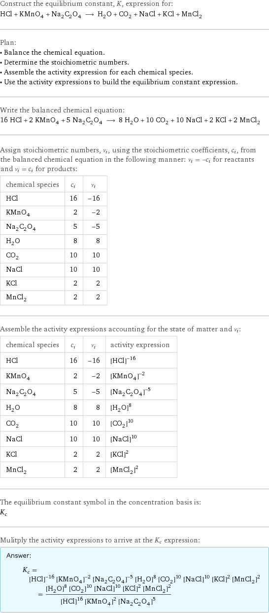 Construct the equilibrium constant, K, expression for: HCl + KMnO_4 + Na_2C_2O_4 ⟶ H_2O + CO_2 + NaCl + KCl + MnCl_2 Plan: • Balance the chemical equation. • Determine the stoichiometric numbers. • Assemble the activity expression for each chemical species. • Use the activity expressions to build the equilibrium constant expression. Write the balanced chemical equation: 16 HCl + 2 KMnO_4 + 5 Na_2C_2O_4 ⟶ 8 H_2O + 10 CO_2 + 10 NaCl + 2 KCl + 2 MnCl_2 Assign stoichiometric numbers, ν_i, using the stoichiometric coefficients, c_i, from the balanced chemical equation in the following manner: ν_i = -c_i for reactants and ν_i = c_i for products: chemical species | c_i | ν_i HCl | 16 | -16 KMnO_4 | 2 | -2 Na_2C_2O_4 | 5 | -5 H_2O | 8 | 8 CO_2 | 10 | 10 NaCl | 10 | 10 KCl | 2 | 2 MnCl_2 | 2 | 2 Assemble the activity expressions accounting for the state of matter and ν_i: chemical species | c_i | ν_i | activity expression HCl | 16 | -16 | ([HCl])^(-16) KMnO_4 | 2 | -2 | ([KMnO4])^(-2) Na_2C_2O_4 | 5 | -5 | ([Na2C2O4])^(-5) H_2O | 8 | 8 | ([H2O])^8 CO_2 | 10 | 10 | ([CO2])^10 NaCl | 10 | 10 | ([NaCl])^10 KCl | 2 | 2 | ([KCl])^2 MnCl_2 | 2 | 2 | ([MnCl2])^2 The equilibrium constant symbol in the concentration basis is: K_c Mulitply the activity expressions to arrive at the K_c expression: Answer: |   | K_c = ([HCl])^(-16) ([KMnO4])^(-2) ([Na2C2O4])^(-5) ([H2O])^8 ([CO2])^10 ([NaCl])^10 ([KCl])^2 ([MnCl2])^2 = (([H2O])^8 ([CO2])^10 ([NaCl])^10 ([KCl])^2 ([MnCl2])^2)/(([HCl])^16 ([KMnO4])^2 ([Na2C2O4])^5)