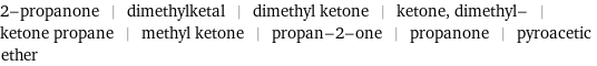 2-propanone | dimethylketal | dimethyl ketone | ketone, dimethyl- | ketone propane | methyl ketone | propan-2-one | propanone | pyroacetic ether