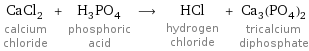 CaCl_2 calcium chloride + H_3PO_4 phosphoric acid ⟶ HCl hydrogen chloride + Ca_3(PO_4)_2 tricalcium diphosphate