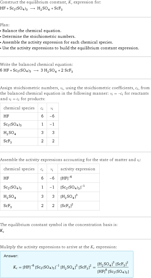 Construct the equilibrium constant, K, expression for: HF + Sc2(SO4)3 ⟶ H_2SO_4 + ScF_3 Plan: • Balance the chemical equation. • Determine the stoichiometric numbers. • Assemble the activity expression for each chemical species. • Use the activity expressions to build the equilibrium constant expression. Write the balanced chemical equation: 6 HF + Sc2(SO4)3 ⟶ 3 H_2SO_4 + 2 ScF_3 Assign stoichiometric numbers, ν_i, using the stoichiometric coefficients, c_i, from the balanced chemical equation in the following manner: ν_i = -c_i for reactants and ν_i = c_i for products: chemical species | c_i | ν_i HF | 6 | -6 Sc2(SO4)3 | 1 | -1 H_2SO_4 | 3 | 3 ScF_3 | 2 | 2 Assemble the activity expressions accounting for the state of matter and ν_i: chemical species | c_i | ν_i | activity expression HF | 6 | -6 | ([HF])^(-6) Sc2(SO4)3 | 1 | -1 | ([Sc2(SO4)3])^(-1) H_2SO_4 | 3 | 3 | ([H2SO4])^3 ScF_3 | 2 | 2 | ([ScF3])^2 The equilibrium constant symbol in the concentration basis is: K_c Mulitply the activity expressions to arrive at the K_c expression: Answer: |   | K_c = ([HF])^(-6) ([Sc2(SO4)3])^(-1) ([H2SO4])^3 ([ScF3])^2 = (([H2SO4])^3 ([ScF3])^2)/(([HF])^6 [Sc2(SO4)3])