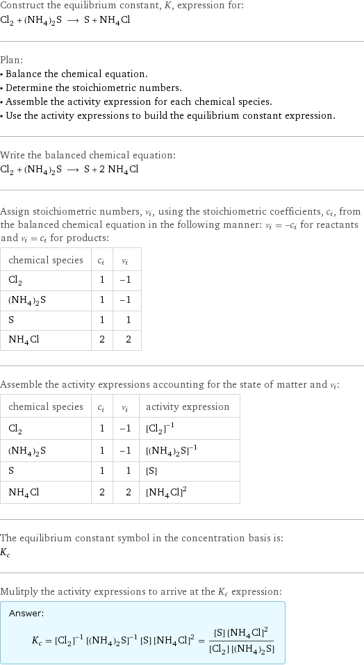 Construct the equilibrium constant, K, expression for: Cl_2 + (NH_4)_2S ⟶ S + NH_4Cl Plan: • Balance the chemical equation. • Determine the stoichiometric numbers. • Assemble the activity expression for each chemical species. • Use the activity expressions to build the equilibrium constant expression. Write the balanced chemical equation: Cl_2 + (NH_4)_2S ⟶ S + 2 NH_4Cl Assign stoichiometric numbers, ν_i, using the stoichiometric coefficients, c_i, from the balanced chemical equation in the following manner: ν_i = -c_i for reactants and ν_i = c_i for products: chemical species | c_i | ν_i Cl_2 | 1 | -1 (NH_4)_2S | 1 | -1 S | 1 | 1 NH_4Cl | 2 | 2 Assemble the activity expressions accounting for the state of matter and ν_i: chemical species | c_i | ν_i | activity expression Cl_2 | 1 | -1 | ([Cl2])^(-1) (NH_4)_2S | 1 | -1 | ([(NH4)2S])^(-1) S | 1 | 1 | [S] NH_4Cl | 2 | 2 | ([NH4Cl])^2 The equilibrium constant symbol in the concentration basis is: K_c Mulitply the activity expressions to arrive at the K_c expression: Answer: |   | K_c = ([Cl2])^(-1) ([(NH4)2S])^(-1) [S] ([NH4Cl])^2 = ([S] ([NH4Cl])^2)/([Cl2] [(NH4)2S])