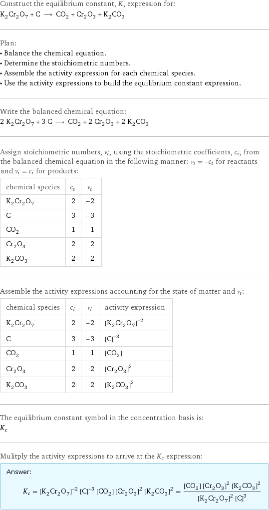 Construct the equilibrium constant, K, expression for: K_2Cr_2O_7 + C ⟶ CO_2 + Cr_2O_3 + K_2CO_3 Plan: • Balance the chemical equation. • Determine the stoichiometric numbers. • Assemble the activity expression for each chemical species. • Use the activity expressions to build the equilibrium constant expression. Write the balanced chemical equation: 2 K_2Cr_2O_7 + 3 C ⟶ CO_2 + 2 Cr_2O_3 + 2 K_2CO_3 Assign stoichiometric numbers, ν_i, using the stoichiometric coefficients, c_i, from the balanced chemical equation in the following manner: ν_i = -c_i for reactants and ν_i = c_i for products: chemical species | c_i | ν_i K_2Cr_2O_7 | 2 | -2 C | 3 | -3 CO_2 | 1 | 1 Cr_2O_3 | 2 | 2 K_2CO_3 | 2 | 2 Assemble the activity expressions accounting for the state of matter and ν_i: chemical species | c_i | ν_i | activity expression K_2Cr_2O_7 | 2 | -2 | ([K2Cr2O7])^(-2) C | 3 | -3 | ([C])^(-3) CO_2 | 1 | 1 | [CO2] Cr_2O_3 | 2 | 2 | ([Cr2O3])^2 K_2CO_3 | 2 | 2 | ([K2CO3])^2 The equilibrium constant symbol in the concentration basis is: K_c Mulitply the activity expressions to arrive at the K_c expression: Answer: |   | K_c = ([K2Cr2O7])^(-2) ([C])^(-3) [CO2] ([Cr2O3])^2 ([K2CO3])^2 = ([CO2] ([Cr2O3])^2 ([K2CO3])^2)/(([K2Cr2O7])^2 ([C])^3)