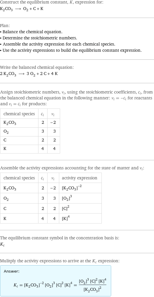 Construct the equilibrium constant, K, expression for: K_2CO_3 ⟶ O_2 + C + K Plan: • Balance the chemical equation. • Determine the stoichiometric numbers. • Assemble the activity expression for each chemical species. • Use the activity expressions to build the equilibrium constant expression. Write the balanced chemical equation: 2 K_2CO_3 ⟶ 3 O_2 + 2 C + 4 K Assign stoichiometric numbers, ν_i, using the stoichiometric coefficients, c_i, from the balanced chemical equation in the following manner: ν_i = -c_i for reactants and ν_i = c_i for products: chemical species | c_i | ν_i K_2CO_3 | 2 | -2 O_2 | 3 | 3 C | 2 | 2 K | 4 | 4 Assemble the activity expressions accounting for the state of matter and ν_i: chemical species | c_i | ν_i | activity expression K_2CO_3 | 2 | -2 | ([K2CO3])^(-2) O_2 | 3 | 3 | ([O2])^3 C | 2 | 2 | ([C])^2 K | 4 | 4 | ([K])^4 The equilibrium constant symbol in the concentration basis is: K_c Mulitply the activity expressions to arrive at the K_c expression: Answer: |   | K_c = ([K2CO3])^(-2) ([O2])^3 ([C])^2 ([K])^4 = (([O2])^3 ([C])^2 ([K])^4)/([K2CO3])^2