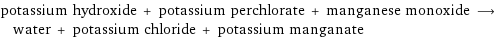 potassium hydroxide + potassium perchlorate + manganese monoxide ⟶ water + potassium chloride + potassium manganate