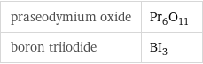 praseodymium oxide | Pr_6O_11 boron triiodide | BI_3