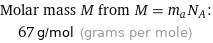 Molar mass M from M = m_aN_A:  | 67 g/mol (grams per mole)