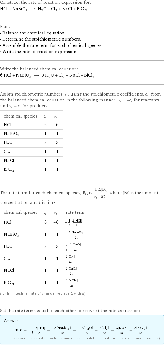 Construct the rate of reaction expression for: HCl + NaBiO_3 ⟶ H_2O + Cl_2 + NaCl + BiCl_3 Plan: • Balance the chemical equation. • Determine the stoichiometric numbers. • Assemble the rate term for each chemical species. • Write the rate of reaction expression. Write the balanced chemical equation: 6 HCl + NaBiO_3 ⟶ 3 H_2O + Cl_2 + NaCl + BiCl_3 Assign stoichiometric numbers, ν_i, using the stoichiometric coefficients, c_i, from the balanced chemical equation in the following manner: ν_i = -c_i for reactants and ν_i = c_i for products: chemical species | c_i | ν_i HCl | 6 | -6 NaBiO_3 | 1 | -1 H_2O | 3 | 3 Cl_2 | 1 | 1 NaCl | 1 | 1 BiCl_3 | 1 | 1 The rate term for each chemical species, B_i, is 1/ν_i(Δ[B_i])/(Δt) where [B_i] is the amount concentration and t is time: chemical species | c_i | ν_i | rate term HCl | 6 | -6 | -1/6 (Δ[HCl])/(Δt) NaBiO_3 | 1 | -1 | -(Δ[NaBiO3])/(Δt) H_2O | 3 | 3 | 1/3 (Δ[H2O])/(Δt) Cl_2 | 1 | 1 | (Δ[Cl2])/(Δt) NaCl | 1 | 1 | (Δ[NaCl])/(Δt) BiCl_3 | 1 | 1 | (Δ[BiCl3])/(Δt) (for infinitesimal rate of change, replace Δ with d) Set the rate terms equal to each other to arrive at the rate expression: Answer: |   | rate = -1/6 (Δ[HCl])/(Δt) = -(Δ[NaBiO3])/(Δt) = 1/3 (Δ[H2O])/(Δt) = (Δ[Cl2])/(Δt) = (Δ[NaCl])/(Δt) = (Δ[BiCl3])/(Δt) (assuming constant volume and no accumulation of intermediates or side products)