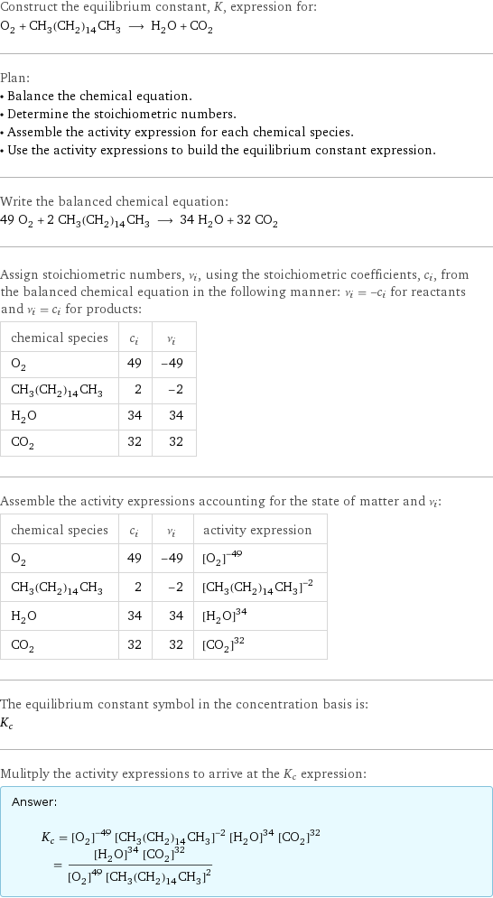 Construct the equilibrium constant, K, expression for: O_2 + CH_3(CH_2)_14CH_3 ⟶ H_2O + CO_2 Plan: • Balance the chemical equation. • Determine the stoichiometric numbers. • Assemble the activity expression for each chemical species. • Use the activity expressions to build the equilibrium constant expression. Write the balanced chemical equation: 49 O_2 + 2 CH_3(CH_2)_14CH_3 ⟶ 34 H_2O + 32 CO_2 Assign stoichiometric numbers, ν_i, using the stoichiometric coefficients, c_i, from the balanced chemical equation in the following manner: ν_i = -c_i for reactants and ν_i = c_i for products: chemical species | c_i | ν_i O_2 | 49 | -49 CH_3(CH_2)_14CH_3 | 2 | -2 H_2O | 34 | 34 CO_2 | 32 | 32 Assemble the activity expressions accounting for the state of matter and ν_i: chemical species | c_i | ν_i | activity expression O_2 | 49 | -49 | ([O2])^(-49) CH_3(CH_2)_14CH_3 | 2 | -2 | ([CH3(CH2)14CH3])^(-2) H_2O | 34 | 34 | ([H2O])^34 CO_2 | 32 | 32 | ([CO2])^32 The equilibrium constant symbol in the concentration basis is: K_c Mulitply the activity expressions to arrive at the K_c expression: Answer: |   | K_c = ([O2])^(-49) ([CH3(CH2)14CH3])^(-2) ([H2O])^34 ([CO2])^32 = (([H2O])^34 ([CO2])^32)/(([O2])^49 ([CH3(CH2)14CH3])^2)