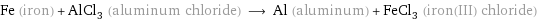 Fe (iron) + AlCl_3 (aluminum chloride) ⟶ Al (aluminum) + FeCl_3 (iron(III) chloride)