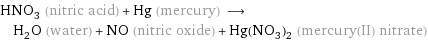 HNO_3 (nitric acid) + Hg (mercury) ⟶ H_2O (water) + NO (nitric oxide) + Hg(NO_3)_2 (mercury(II) nitrate)