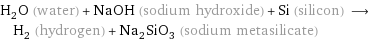 H_2O (water) + NaOH (sodium hydroxide) + Si (silicon) ⟶ H_2 (hydrogen) + Na_2SiO_3 (sodium metasilicate)