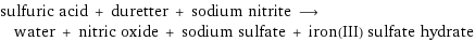 sulfuric acid + duretter + sodium nitrite ⟶ water + nitric oxide + sodium sulfate + iron(III) sulfate hydrate