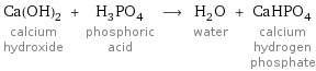 Ca(OH)_2 calcium hydroxide + H_3PO_4 phosphoric acid ⟶ H_2O water + CaHPO_4 calcium hydrogen phosphate