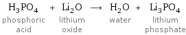 H_3PO_4 phosphoric acid + Li_2O lithium oxide ⟶ H_2O water + Li_3PO_4 lithium phosphate