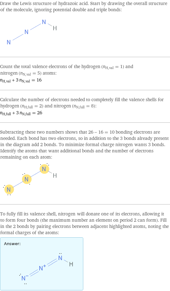 Draw the Lewis structure of hydrazoic acid. Start by drawing the overall structure of the molecule, ignoring potential double and triple bonds:  Count the total valence electrons of the hydrogen (n_H, val = 1) and nitrogen (n_N, val = 5) atoms: n_H, val + 3 n_N, val = 16 Calculate the number of electrons needed to completely fill the valence shells for hydrogen (n_H, full = 2) and nitrogen (n_N, full = 8): n_H, full + 3 n_N, full = 26 Subtracting these two numbers shows that 26 - 16 = 10 bonding electrons are needed. Each bond has two electrons, so in addition to the 3 bonds already present in the diagram add 2 bonds. To minimize formal charge nitrogen wants 3 bonds. Identify the atoms that want additional bonds and the number of electrons remaining on each atom:  To fully fill its valence shell, nitrogen will donate one of its electrons, allowing it to form four bonds (the maximum number an element on period 2 can form). Fill in the 2 bonds by pairing electrons between adjacent highlighted atoms, noting the formal charges of the atoms: Answer: |   | 