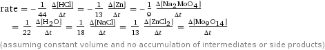 rate = -1/44 (Δ[HCl])/(Δt) = -1/13 (Δ[Zn])/(Δt) = -1/9 (Δ[Na2MoO4])/(Δt) = 1/22 (Δ[H2O])/(Δt) = 1/18 (Δ[NaCl])/(Δt) = 1/13 (Δ[ZnCl2])/(Δt) = (Δ[Mo9O14])/(Δt) (assuming constant volume and no accumulation of intermediates or side products)