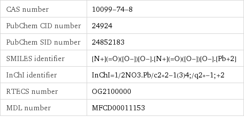 CAS number | 10099-74-8 PubChem CID number | 24924 PubChem SID number | 24852183 SMILES identifier | [N+](=O)([O-])[O-].[N+](=O)([O-])[O-].[Pb+2] InChI identifier | InChI=1/2NO3.Pb/c2*2-1(3)4;/q2*-1;+2 RTECS number | OG2100000 MDL number | MFCD00011153