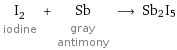 I_2 iodine + Sb gray antimony ⟶ Sb2I5
