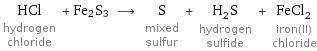 HCl hydrogen chloride + Fe2S3 ⟶ S mixed sulfur + H_2S hydrogen sulfide + FeCl_2 iron(II) chloride