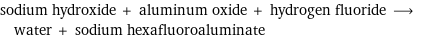 sodium hydroxide + aluminum oxide + hydrogen fluoride ⟶ water + sodium hexafluoroaluminate