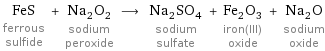 FeS ferrous sulfide + Na_2O_2 sodium peroxide ⟶ Na_2SO_4 sodium sulfate + Fe_2O_3 iron(III) oxide + Na_2O sodium oxide