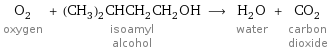 O_2 oxygen + (CH_3)_2CHCH_2CH_2OH isoamyl alcohol ⟶ H_2O water + CO_2 carbon dioxide