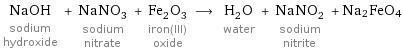 NaOH sodium hydroxide + NaNO_3 sodium nitrate + Fe_2O_3 iron(III) oxide ⟶ H_2O water + NaNO_2 sodium nitrite + Na2FeO4