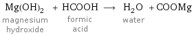 Mg(OH)_2 magnesium hydroxide + HCOOH formic acid ⟶ H_2O water + COOMg