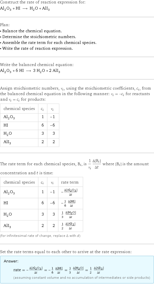 Construct the rate of reaction expression for: Al_2O_3 + HI ⟶ H_2O + AlI_3 Plan: • Balance the chemical equation. • Determine the stoichiometric numbers. • Assemble the rate term for each chemical species. • Write the rate of reaction expression. Write the balanced chemical equation: Al_2O_3 + 6 HI ⟶ 3 H_2O + 2 AlI_3 Assign stoichiometric numbers, ν_i, using the stoichiometric coefficients, c_i, from the balanced chemical equation in the following manner: ν_i = -c_i for reactants and ν_i = c_i for products: chemical species | c_i | ν_i Al_2O_3 | 1 | -1 HI | 6 | -6 H_2O | 3 | 3 AlI_3 | 2 | 2 The rate term for each chemical species, B_i, is 1/ν_i(Δ[B_i])/(Δt) where [B_i] is the amount concentration and t is time: chemical species | c_i | ν_i | rate term Al_2O_3 | 1 | -1 | -(Δ[Al2O3])/(Δt) HI | 6 | -6 | -1/6 (Δ[HI])/(Δt) H_2O | 3 | 3 | 1/3 (Δ[H2O])/(Δt) AlI_3 | 2 | 2 | 1/2 (Δ[AlI3])/(Δt) (for infinitesimal rate of change, replace Δ with d) Set the rate terms equal to each other to arrive at the rate expression: Answer: |   | rate = -(Δ[Al2O3])/(Δt) = -1/6 (Δ[HI])/(Δt) = 1/3 (Δ[H2O])/(Δt) = 1/2 (Δ[AlI3])/(Δt) (assuming constant volume and no accumulation of intermediates or side products)