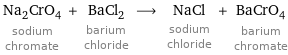 Na_2CrO_4 sodium chromate + BaCl_2 barium chloride ⟶ NaCl sodium chloride + BaCrO_4 barium chromate