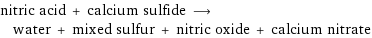 nitric acid + calcium sulfide ⟶ water + mixed sulfur + nitric oxide + calcium nitrate