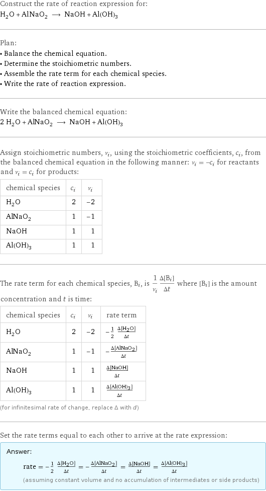 Construct the rate of reaction expression for: H_2O + AlNaO_2 ⟶ NaOH + Al(OH)_3 Plan: • Balance the chemical equation. • Determine the stoichiometric numbers. • Assemble the rate term for each chemical species. • Write the rate of reaction expression. Write the balanced chemical equation: 2 H_2O + AlNaO_2 ⟶ NaOH + Al(OH)_3 Assign stoichiometric numbers, ν_i, using the stoichiometric coefficients, c_i, from the balanced chemical equation in the following manner: ν_i = -c_i for reactants and ν_i = c_i for products: chemical species | c_i | ν_i H_2O | 2 | -2 AlNaO_2 | 1 | -1 NaOH | 1 | 1 Al(OH)_3 | 1 | 1 The rate term for each chemical species, B_i, is 1/ν_i(Δ[B_i])/(Δt) where [B_i] is the amount concentration and t is time: chemical species | c_i | ν_i | rate term H_2O | 2 | -2 | -1/2 (Δ[H2O])/(Δt) AlNaO_2 | 1 | -1 | -(Δ[AlNaO2])/(Δt) NaOH | 1 | 1 | (Δ[NaOH])/(Δt) Al(OH)_3 | 1 | 1 | (Δ[Al(OH)3])/(Δt) (for infinitesimal rate of change, replace Δ with d) Set the rate terms equal to each other to arrive at the rate expression: Answer: |   | rate = -1/2 (Δ[H2O])/(Δt) = -(Δ[AlNaO2])/(Δt) = (Δ[NaOH])/(Δt) = (Δ[Al(OH)3])/(Δt) (assuming constant volume and no accumulation of intermediates or side products)