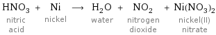 HNO_3 nitric acid + Ni nickel ⟶ H_2O water + NO_2 nitrogen dioxide + Ni(NO_3)_2 nickel(II) nitrate