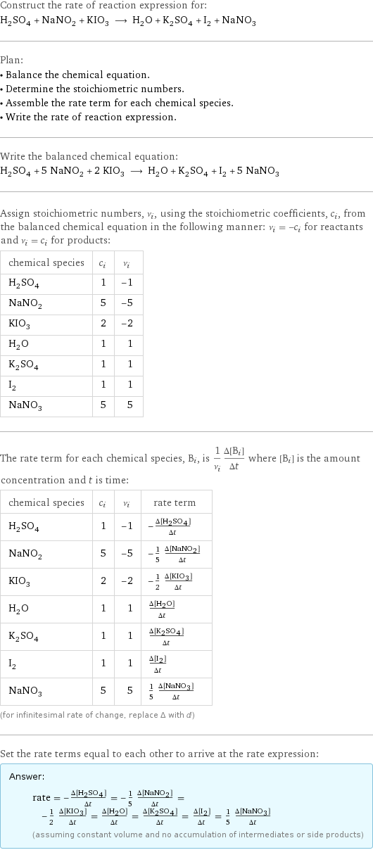 Construct the rate of reaction expression for: H_2SO_4 + NaNO_2 + KIO_3 ⟶ H_2O + K_2SO_4 + I_2 + NaNO_3 Plan: • Balance the chemical equation. • Determine the stoichiometric numbers. • Assemble the rate term for each chemical species. • Write the rate of reaction expression. Write the balanced chemical equation: H_2SO_4 + 5 NaNO_2 + 2 KIO_3 ⟶ H_2O + K_2SO_4 + I_2 + 5 NaNO_3 Assign stoichiometric numbers, ν_i, using the stoichiometric coefficients, c_i, from the balanced chemical equation in the following manner: ν_i = -c_i for reactants and ν_i = c_i for products: chemical species | c_i | ν_i H_2SO_4 | 1 | -1 NaNO_2 | 5 | -5 KIO_3 | 2 | -2 H_2O | 1 | 1 K_2SO_4 | 1 | 1 I_2 | 1 | 1 NaNO_3 | 5 | 5 The rate term for each chemical species, B_i, is 1/ν_i(Δ[B_i])/(Δt) where [B_i] is the amount concentration and t is time: chemical species | c_i | ν_i | rate term H_2SO_4 | 1 | -1 | -(Δ[H2SO4])/(Δt) NaNO_2 | 5 | -5 | -1/5 (Δ[NaNO2])/(Δt) KIO_3 | 2 | -2 | -1/2 (Δ[KIO3])/(Δt) H_2O | 1 | 1 | (Δ[H2O])/(Δt) K_2SO_4 | 1 | 1 | (Δ[K2SO4])/(Δt) I_2 | 1 | 1 | (Δ[I2])/(Δt) NaNO_3 | 5 | 5 | 1/5 (Δ[NaNO3])/(Δt) (for infinitesimal rate of change, replace Δ with d) Set the rate terms equal to each other to arrive at the rate expression: Answer: |   | rate = -(Δ[H2SO4])/(Δt) = -1/5 (Δ[NaNO2])/(Δt) = -1/2 (Δ[KIO3])/(Δt) = (Δ[H2O])/(Δt) = (Δ[K2SO4])/(Δt) = (Δ[I2])/(Δt) = 1/5 (Δ[NaNO3])/(Δt) (assuming constant volume and no accumulation of intermediates or side products)