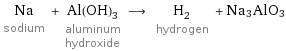 Na sodium + Al(OH)_3 aluminum hydroxide ⟶ H_2 hydrogen + Na3AlO3