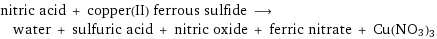 nitric acid + copper(II) ferrous sulfide ⟶ water + sulfuric acid + nitric oxide + ferric nitrate + Cu(NO3)3