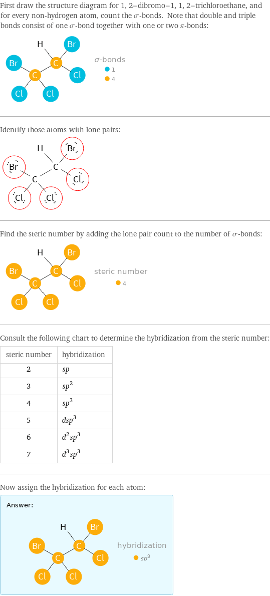 First draw the structure diagram for 1, 2-dibromo-1, 1, 2-trichloroethane, and for every non-hydrogen atom, count the σ-bonds. Note that double and triple bonds consist of one σ-bond together with one or two π-bonds:  Identify those atoms with lone pairs:  Find the steric number by adding the lone pair count to the number of σ-bonds:  Consult the following chart to determine the hybridization from the steric number: steric number | hybridization 2 | sp 3 | sp^2 4 | sp^3 5 | dsp^3 6 | d^2sp^3 7 | d^3sp^3 Now assign the hybridization for each atom: Answer: |   | 