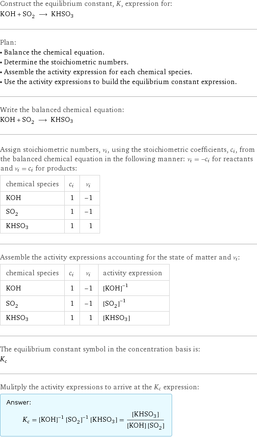 Construct the equilibrium constant, K, expression for: KOH + SO_2 ⟶ KHSO3 Plan: • Balance the chemical equation. • Determine the stoichiometric numbers. • Assemble the activity expression for each chemical species. • Use the activity expressions to build the equilibrium constant expression. Write the balanced chemical equation: KOH + SO_2 ⟶ KHSO3 Assign stoichiometric numbers, ν_i, using the stoichiometric coefficients, c_i, from the balanced chemical equation in the following manner: ν_i = -c_i for reactants and ν_i = c_i for products: chemical species | c_i | ν_i KOH | 1 | -1 SO_2 | 1 | -1 KHSO3 | 1 | 1 Assemble the activity expressions accounting for the state of matter and ν_i: chemical species | c_i | ν_i | activity expression KOH | 1 | -1 | ([KOH])^(-1) SO_2 | 1 | -1 | ([SO2])^(-1) KHSO3 | 1 | 1 | [KHSO3] The equilibrium constant symbol in the concentration basis is: K_c Mulitply the activity expressions to arrive at the K_c expression: Answer: |   | K_c = ([KOH])^(-1) ([SO2])^(-1) [KHSO3] = ([KHSO3])/([KOH] [SO2])