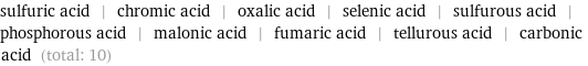 sulfuric acid | chromic acid | oxalic acid | selenic acid | sulfurous acid | phosphorous acid | malonic acid | fumaric acid | tellurous acid | carbonic acid (total: 10)